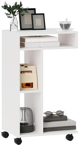 HOMCOM Mesa Auxiliar Multifuncional en Forma de C Mesa Auxiliar para Sofá con Ruedas Compartimentos Abiertos para Sofá Salón Dormitorio Oficina 40x30x69 cm Blanco