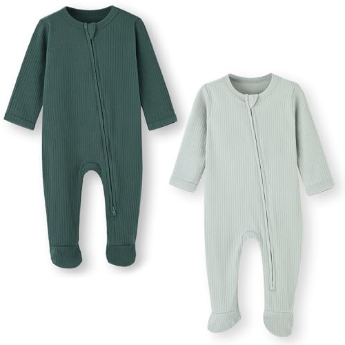 BINUDUCKLING Baby Boys Girls Two-Way Zip Sleepsuit, Baby Footed Pajamas with Mitten Cuffs - Cotton Baby Onesies Long Sleeve Zip Up Baby Grows 3-6 Months, Dark Green&Mint Green