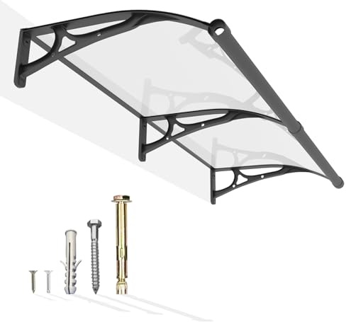 Auvent de Porte Extérieur avec Système de Drainage – 200 x 100 cm Marquise Abri de Pluie en Polycarbonate Anti-UV, Support Aluminium, Protection Contre Neige, Vent et Soleil