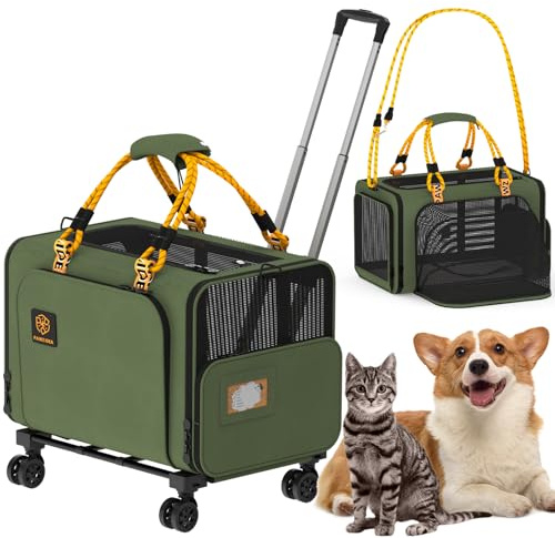 PAWZIDEA Large Expandable Rolling Pet Carrier with Wheels for 2–4 Cats | Foldable Soft-Sided Carrier For 2–4 Cats Collapsible Small Medium Dog Crate For Car Travel, Telescopic Handle, Storage Pocket