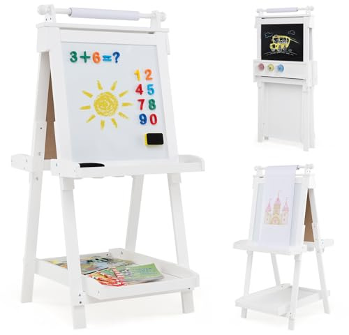 COSTWAY Tableau Enfant Double Face avec Hauteur Réglable & Rouleau de Papier Remplaçable, Chevalet Magnétique Pliable avec Tableau Noir & Blanc, 3 Pots & 3 Plateaux pour Enfant de 3 Ans+ (Blanc)