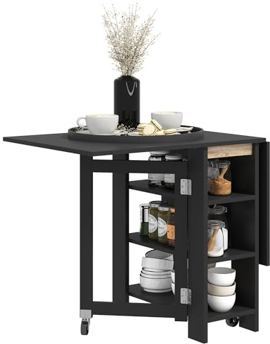 HOMCOM Mesa Plegable de Comedor, Mesa de Cocina Plegable, con Ruedas, Alas Abatibles, Estantes, hasta 4 Personas, para Salón, Espacio Pequeño, 120x60x75 cm, Negro