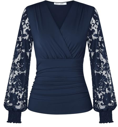 GRACE KARIN Women’s Long Sleeve Tops Elegant Wrap V-Neck Ruched Tunic Blouses Casual Vintage Blouse Shirt for Evening