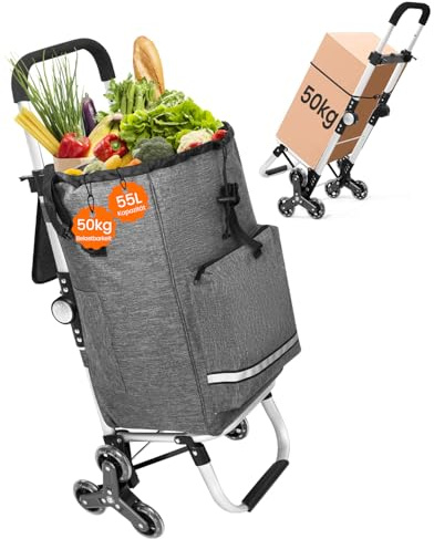 Homecall Einkaufstrolley klappbar Einkaufswagen mit 50L + 5L kühlfunktion Bis 50KG, Einkaufstasche mit Rollen 3 in 1 Shopping Trolley & Sackkarre & Umhängetasche (Dunkelgrau, Treppensteiger)
