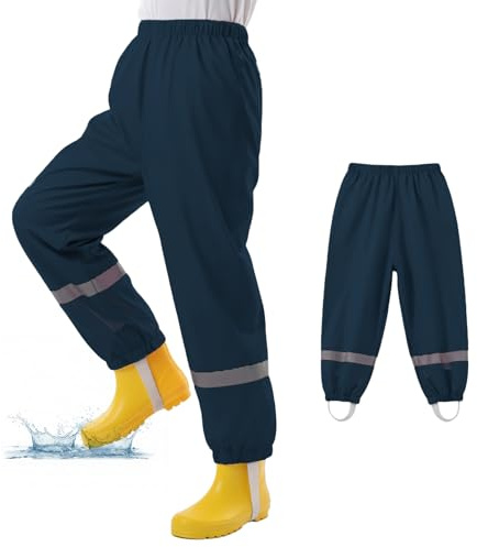 WUDEUI Waterproof Trousers Kids, Lightweight Rain Overtrousers for Boys Girls, Mud Proof Rainy Pants with Reflective Strip for Toddler Children Age 3-10 Years School Outdoor Play Navy