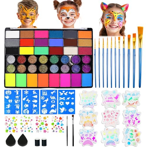 Pintacaras Infantil,Pintura Cara Niños,42 Colores Pintacaras Infantil con 12 Colores Grandes y Pegatinas de Tatuaje,Hipoalergénico,Maquillaje para Halloween Fiesta Carnaval Semana Santa