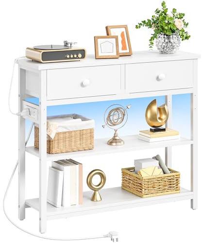 HOOBRO Console Table with Charging Station, 2 Drawers and LED Light, Narrow Hallway Table, Sofa Side Table, Display Stand, Slim Console Table for Hallway, Living Room, White EWW91KDXG01