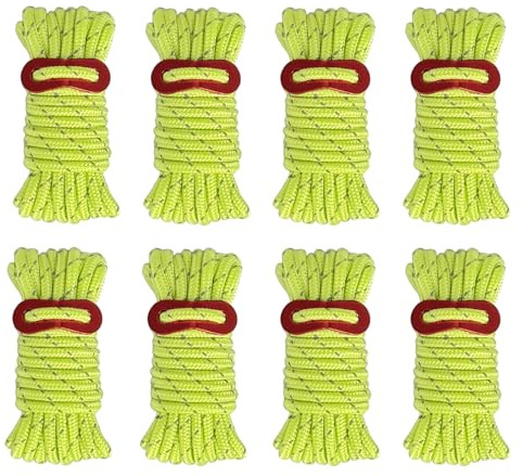 Nylon Rope, Tent Guy Ropes, 8 Fluorescent Green Guy Lines for Camping, 400 cm Length and 0.4 cm Diameter Nylon Cord