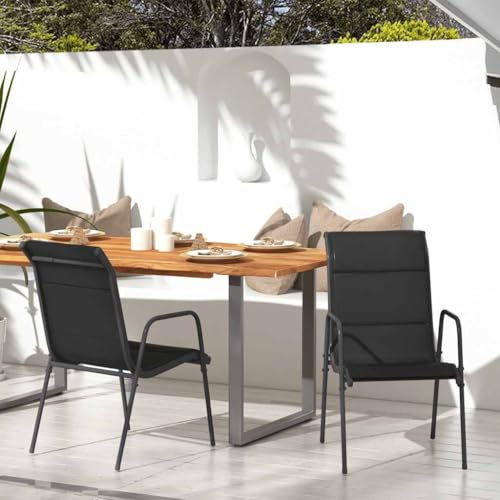 YunCangg Garden Chairs Set of 2 Steel and Textilene Black, Weatherproof and Stackable, with Armrest and Padding, Ideal as a Balcony Chair, Patio Chair or Camping Chair for Outdoor Relax