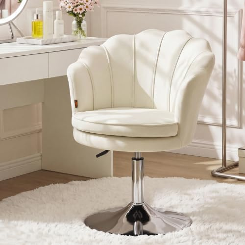 Ckaff Chaise Coiffeuse, Fauteuil Pivotant Réglable en Hauteur, Fautauil de Maquillage en Velours, Fauteuils Salon Chaise Rembourrée avec Pied Métal pour Salon Salle à Manger Chambre à Coucher, Beige