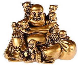 lachineuse - Laughing Buddha with 5 Children - Buddha Statue 14 cm Gold Colour - Feng Shui Decoration - Chinese Zen Decorative Object for Interior, Living Room - Chinese Lucky Charm Gift Idea