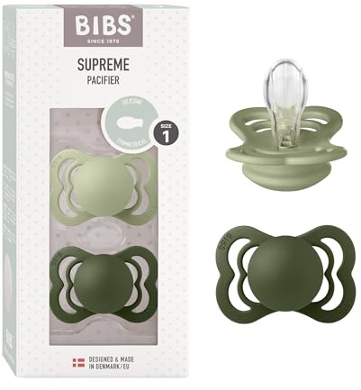 BIBS Supreme Dummy, 0-6 Months, 2-Pack, Sage/Hunter Green | Symmetrical Silicone Teat | Size 1 | BPA-Free | Made in Denmark | High Teat Acceptance | Airflow Holes | Comfort Shield
