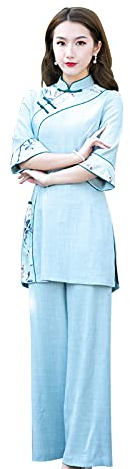 YXHUI Tai Chi Anzug Teeanzug Cheongsam Anzughose Im Chinesischen Stil 2-teiliger Anzug Im Nationalen Stil,LightBlue-XL