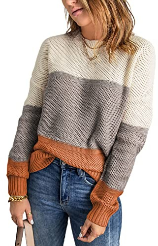 Dokotoo Womens Sweaters Winter Crewneck Long Bat Sleeve Color Block Pullover Sweaters Fashion 2025 Fall Tops Casual Knit Pullover Jumper Tops Yellow Large
