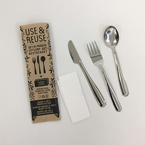 Pintinox Lot de 100 paquets fourchette, couteau et cuillère Use&Reuse avec serviette, acier inoxydable sans nickel, alternative au plastique jetable