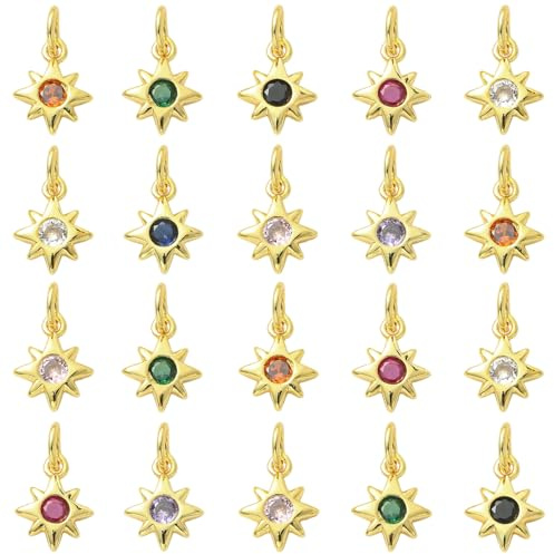 BEEFLYING 20Pcs Cubic Zirconia Brass Charms Pendant Star Shape Metal Pendants Crystal Rhinestone Dangle Charms for Jewelry Making DIY Craft (Random Color)