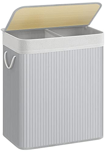SONGMICS Cesto Ropa Sucia, 100 L, Cesta Colada 2 Clasificaciones, con Tapa, Bambú, con Asas, Plegable, Bolsa Interior Extraíble y Lavable a Máquina, para Lavandería, Dormitorio, Gris LCB064G01