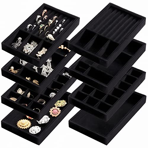 Elsjoy 8 Pack 4 Styles Velvet Jewelry Tray, 8 x 5 Jewelry Organizer Tray Stackable Jewelry Storage Tray, Drawer Jewelry Tray for Rings, Earrings, Necklace, Bracelet, Black