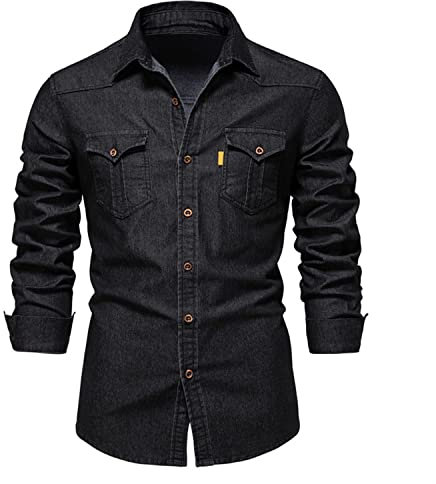 Skrsila Herren Jeanshemd Denim Shirt Langarmhemd Cowboy-Style Kent-Kragen Business Casual Männer Freizeit Hemd