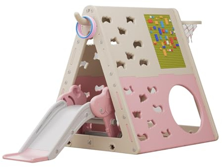UNICOO Children’s 7 in 1 Multi-Functional Climbing Pyramid Set with Slide, Kids Climbing and Sliding Set for Home, Daycare (KU-C04-Pink)