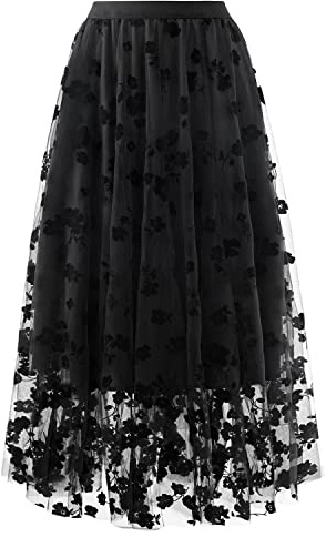 Reaowazo Skirts for Women Midi Long Length Dressy Casual Trendy Summer Tulle A-Line Floral High Waist Skirt Black 2XL-3XL