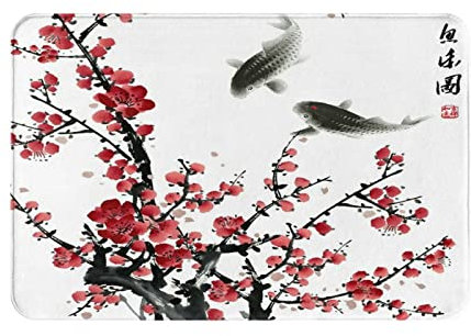 Badematte Asiatisch Rot Pflaume Bäume Zweig Koi Tradition Antik Japanische Duschmatten Waschbar Indoor & Outdoor Bodenteppich Wasserabsorbierend Garage Küchenteppich, 40 x 60 cm