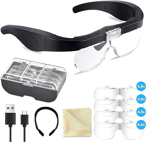 Lupenbrille mit Licht,LED Kopfbandlupe USB Charge Abnehmbare Linsen-Kopfband Lupe Lampe Headset Kopflupe Stirnlupe Brillenlupe mit 2 LED Licht 4 Linsen 1.5X 2.5X 3.5X 5X
