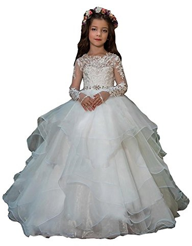 Vestidos de encaje con flores para niñas 2024, vestidos de fiesta de primera comunión, vestido de princesa para boda, manga larga, blanco, 13-14 años