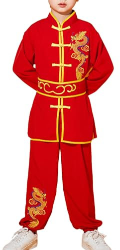 iiniim Kinder Kung Fu Uniform Jungen Mädchen Tai Chi Anzug Drache Stickerei Langarm Tops mit Hose Traditionelle Chinesische Kampfkunst Anzug Rot 170-176
