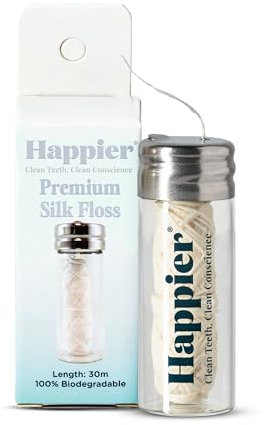 Happier Beauty - Filo interdentale senza plastica, biodegradabile, con menta leggera e cera di Candelila per un sapore fresco e una sensazione di scorrevolezza facile