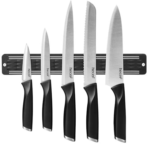 hecef set coltelli da cucina professionali con barra magnetica per coltelli, 5 pezzi set di coltelli affilati con portacoltelli magnetico 33 cm, coltelli in acciaio inox