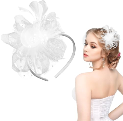 kiki fancy Fascinators for Women White, Fascinators Weddings for Women Fascinators Hat Flower Mesh Ribbons Feathers with Headband Clip Fascinator for Garden Tea Party Cocktail Birthday Party
