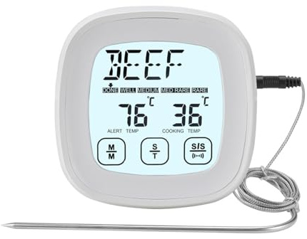 Kökstermometer, kötttermometer, livsmedelstermometer, stektermometer, grilltermometer, matlagningstermometer med 5 stegssteg, LED-pekskärm, timer, magnethållare, termometer