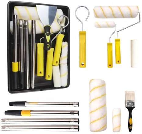 AHDXKUE Paint Roller Set, Paint Rollers and Trays Sets with 5 Roller Sleeve, Roller Sets for Painting with Extension Pole, Microfiber Roller Cover for Painting Walls, Ceiling, Doors, Trim (12PCS)