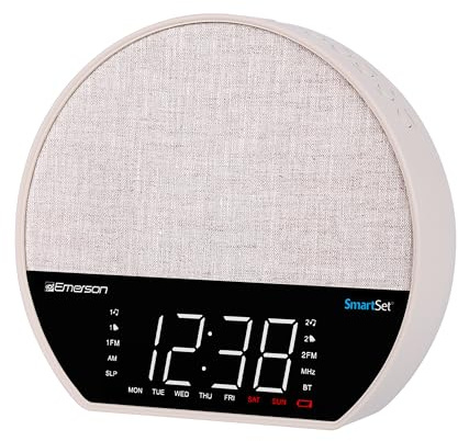 Emerson CKSS7071 Sunrise Smartset Alarm Clock Radio with 1.2 LED Display, White Noise, 6 Soothing Sounds, 8-Color Dimmable LED, Bluetooth Speaker, White