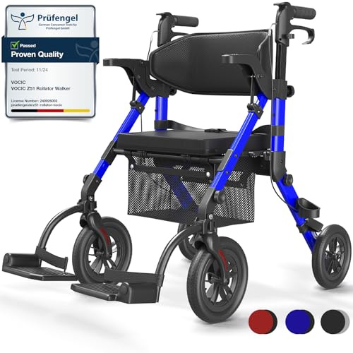 VOCIC 2 in 1 Wheelchair Rollator with Seat, Outdoor Rubber Tyre, Foldable Aluminum Mobility Walker with Brakes, Bag for Senior, 20cm Wheel for All Terrain Transport Chair, 5 Year Support