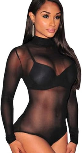 XFSRG Body para mujer de manga larga, sexy, lencería, bodysuit, mallas ajustadas, transparente, de red, elástica, de uso casual, shapewear, Negro , L