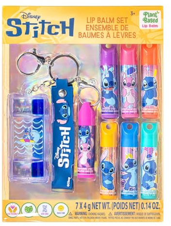 Stitch 7 Pack Lip Balm with Keychain, Plant Based Lip Balm for Girls, Kids Chapstick Age 3+ by Townley Girl