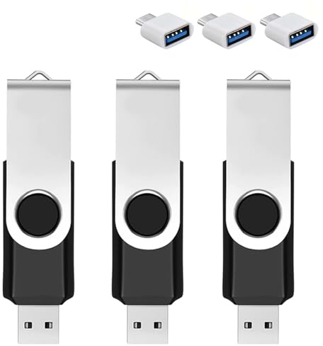 Pack de 3 clés USB 128 Go avec adaptateur Type-C et boîte de rangement, clé USB 2.0, clé de stockage pivotante à 360° pour téléphone/tablette/PC/ordinateur portable/Android - Noir (Pack de 3 clés USB