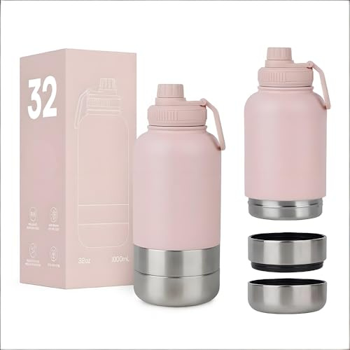 950ML 3 in 1 Hundetrinkflasche für unterwegs, Isolierte Edelstahl Trinkflasche Hunde für unterwegs mit Fressnapf & Wassernapf, Thermoflasche Hund für Reise Outdoor (Rosa, L)