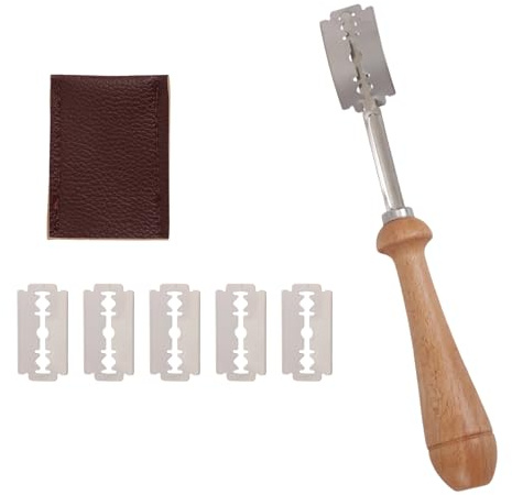 Lammbrödsverktyg, Brödrivverktyg med 5 Rostfria Blad och 1 Läderfodral Ergonomiskt Handtag Degskärare Baktillbehör för Surdeg Bageri