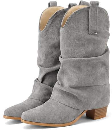 Alsoloveu Women's Fold Over Boots Mid Calf Slouchy Boots Pointed Toe Chunky Heel Western Cowboy Boot Pull On Stacked Cowgirl Booties Size 8 US, Grey