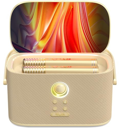Máquina de karaoke Ikarao para adultos, con pantalla de visualización de letras, 2 micrófonos inalámbricos autocargables, Autotune y EQ, altavoz de 140W, conectividad con TV, sistema de karaoke