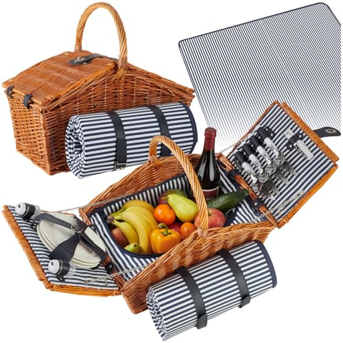 tectake® Cesta Picnic de Mimbre 4 Personas, con Manta Impermeable, Nevera Portatil, Fácil de Transportar, Nevera Playa, Cesta Mimbre vajilla de 20 Piezas, sacacorchos y salero - Modelo Rügen