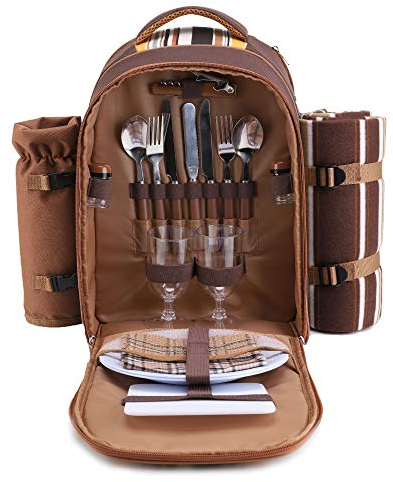 apollo walker Picknickrucksack 2 Personen Picknick Set (Set & Decke) Thermotasche Kühltaschen für Camping, Strand, Wandern Braun