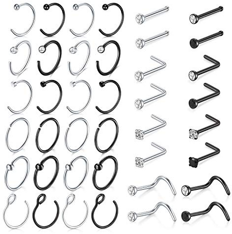 MODRSA Nose Rings Hoop 18g Septum Ring L Shape Nose Studs Screw Surgical Stainless Steel Thin Cartilage Helix Tragus Earrings Hoops C Shape High Nostril Piercing Jewelry Pack Silver Black