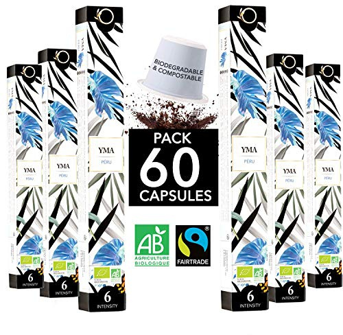 Nespresso Kapseln Kompatibel | BIO FAIRTRADE Arabica Kaffee in Kapseln Biologisch abbaubar | YMA Sortenreiner Kaffee Peru, 60 Kaffeekapseln | Traditionelle Röstung