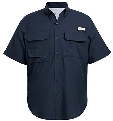Bassdash Camisa de Vestir de Pesca para Hombre con protección UPF 50 Tejido de Manga Corta con Botones para Exteriores