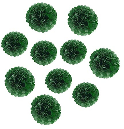 10pcs Paper Pom Poms Tissue Paper Flower Art Craft DIY Hanging Flower for Party Wedding Baby Shower Nursey Wall Decoration (8inch+10inch, Dark Green)