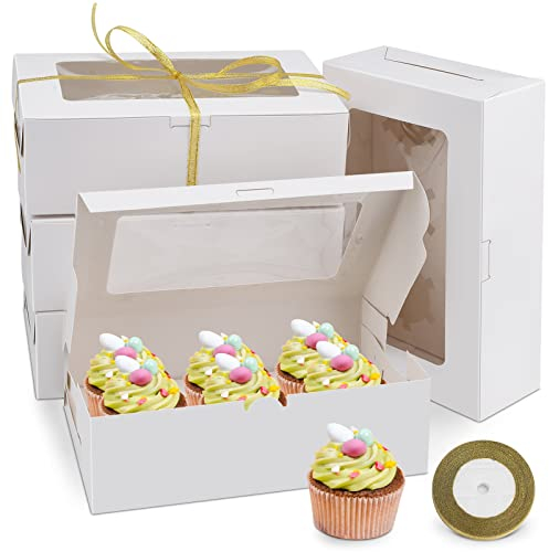 Windfromort Scatola per cupcake, 6 pezzi, 15 scatole per biscotti, con nastro da 22 m, scatola regalo con finestra di visualizzazione, scatola per il trasporto di muffin, colore: bianco